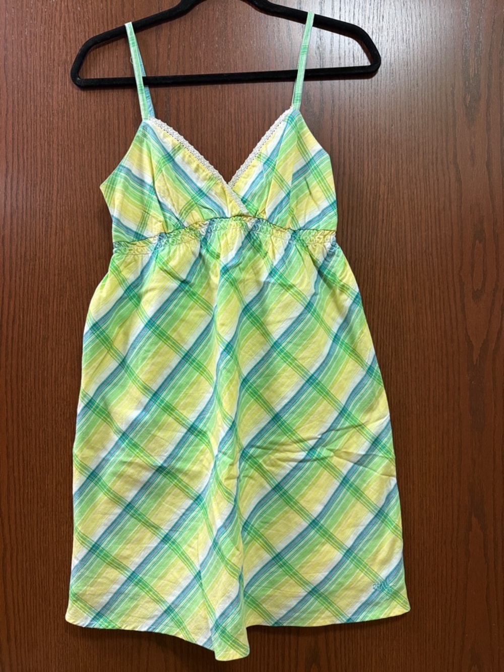 Roxy Yellow Green Plaid Spaghetti-Strap Mini Dress